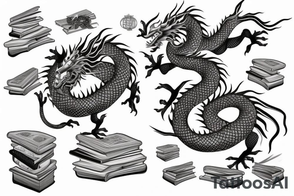 Chinese dragon wrapped around a stack of books tattoo idea