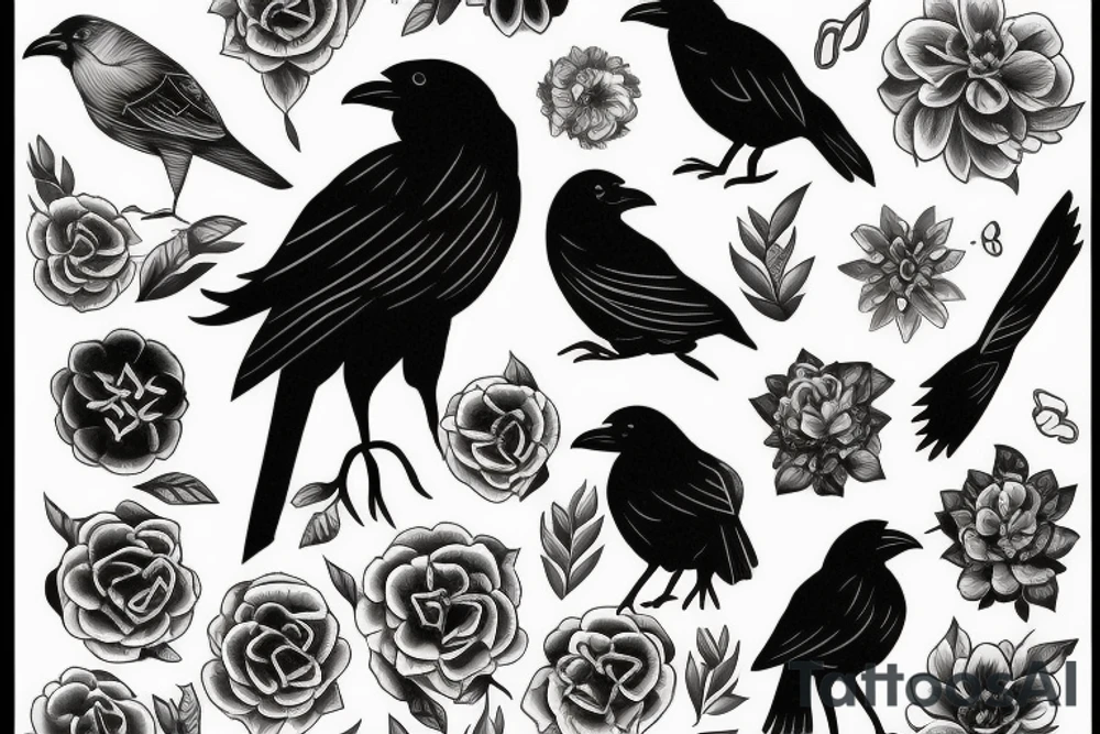 Crow bird flower tattoo idea