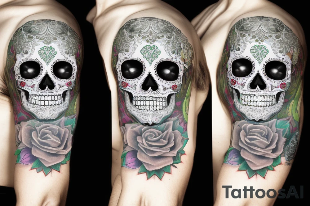 sleeve, sugar skull with lime eyes, third eye tattoo idea