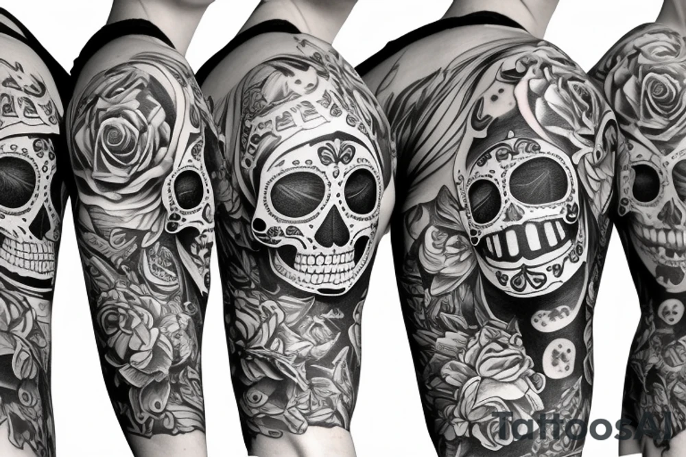 sleeve, sugar skull with lime eyes, third eye tattoo idea