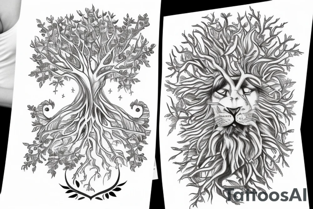 Tree of life, Forrest and Lion half arm sleeve tattoo idea