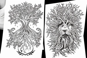 Tree of life, Forrest and Lion half arm sleeve tattoo idea