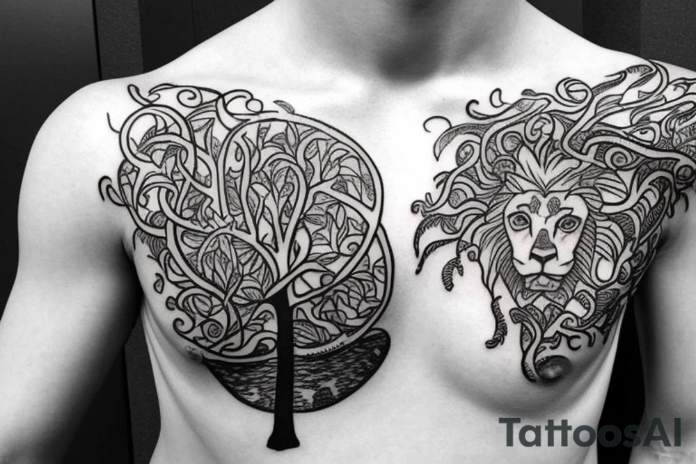 Tree of life on chest, Lion half arm sleeve tattoo idea