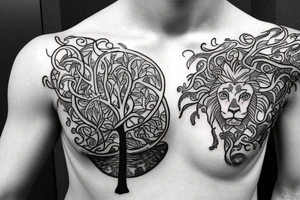 Tree of life on chest, Lion half arm sleeve tattoo idea