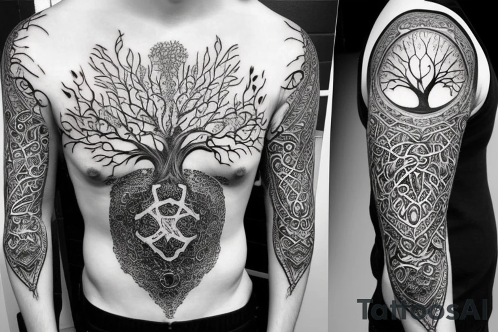 Tree of life on chest, Lion half arm sleeve tattoo idea