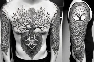 Tree of life on chest, Lion half arm sleeve tattoo idea