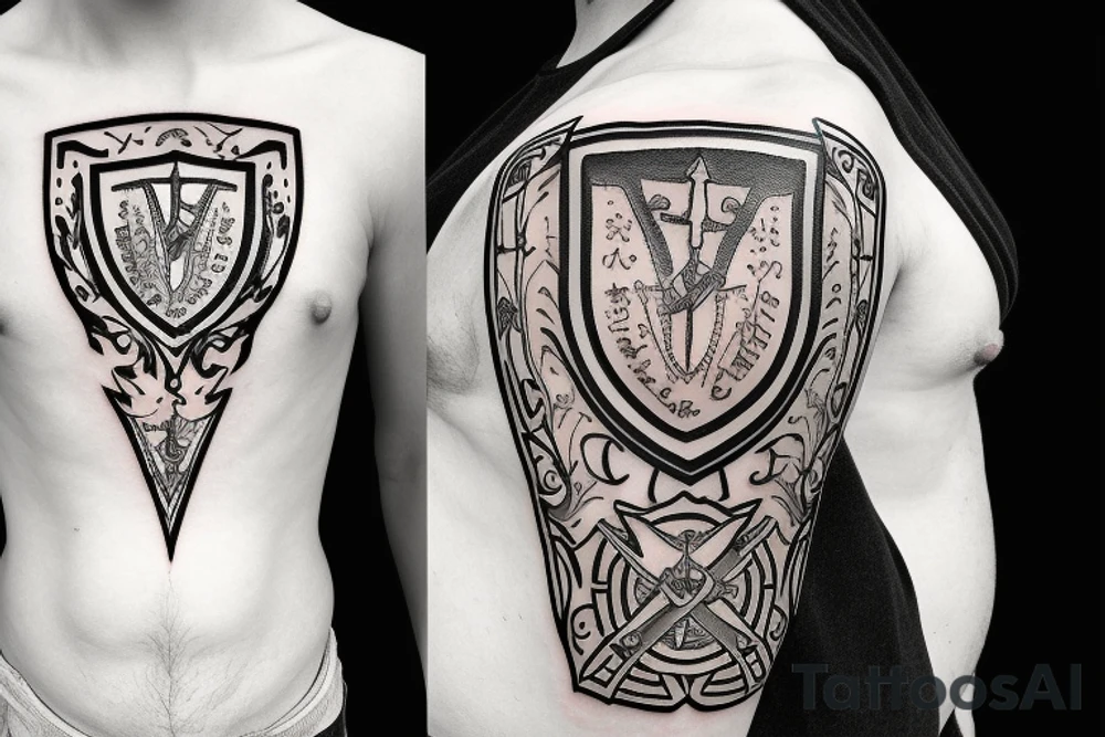 medieval sword and shield with "my knowledge was my shield and my attitude was my sword" on it tattoo idea