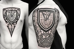 medieval sword and shield with "my knowledge was my shield and my attitude was my sword" on it tattoo idea