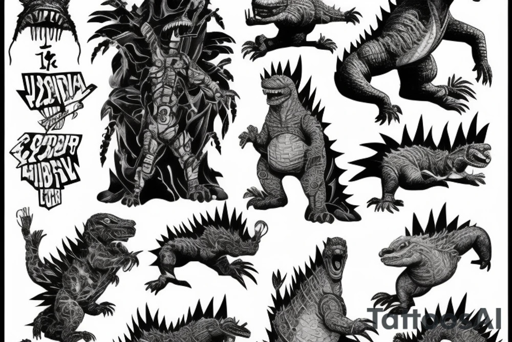 godzilla with his back on fire, the iron giant, and joey ramone all together tattoo idea