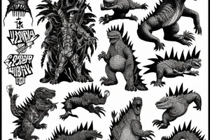 godzilla with his back on fire, the iron giant, and joey ramone all together tattoo idea