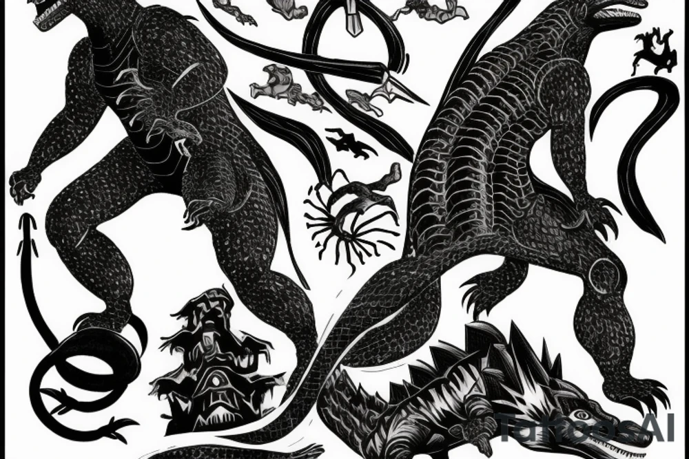 godzilla with his back on fire, the iron giant, and joey ramone all together tattoo idea