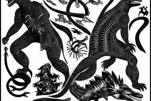 godzilla with his back on fire, the iron giant, and joey ramone all together tattoo idea