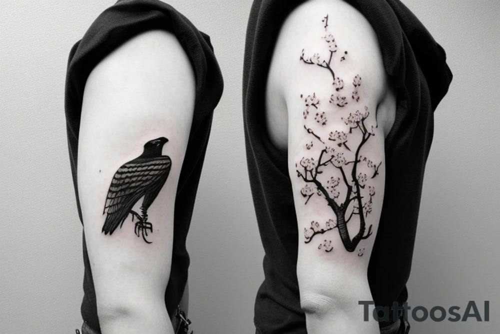 Skeleton cowboy with cherry blossoms and a hawk tattoo idea