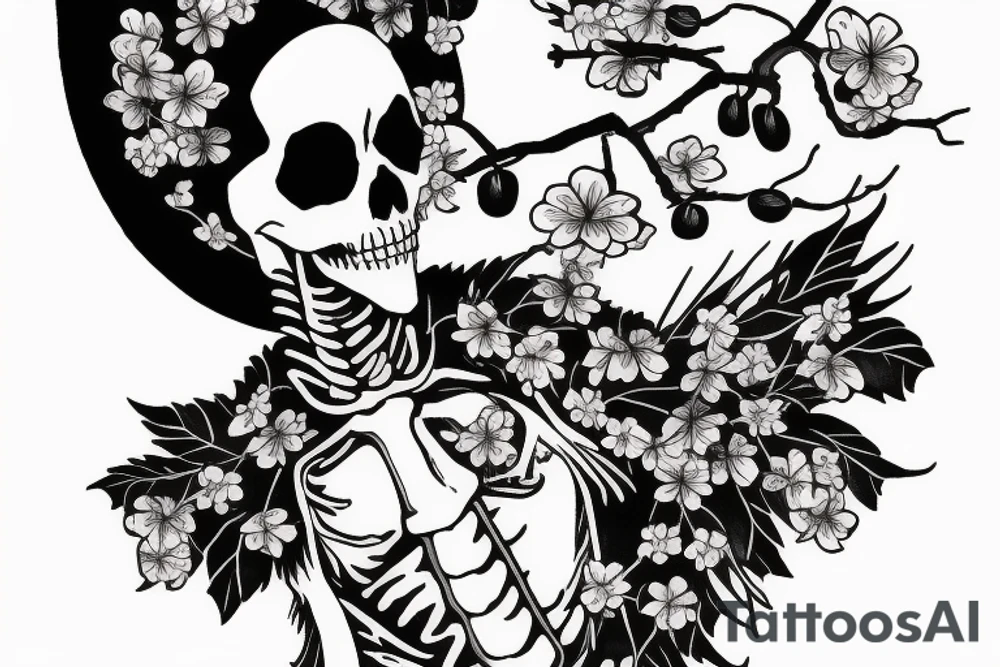 Skeleton cowboy with cherry blossoms and a hawk tattoo idea
