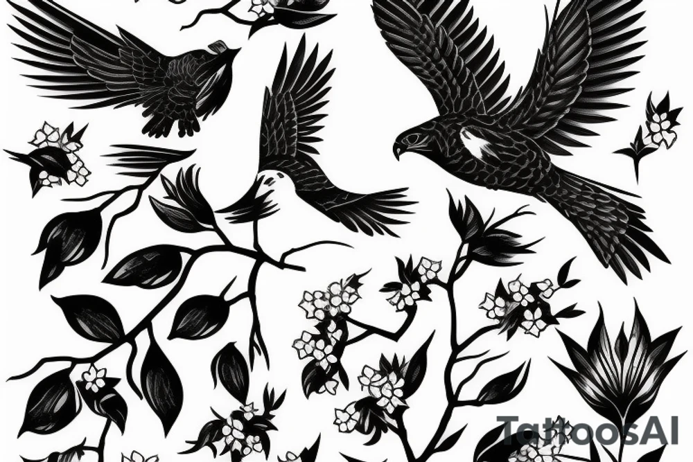 A hawk surrounded by cherry blossoms tattoo idea