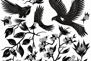 A hawk surrounded by cherry blossoms tattoo idea