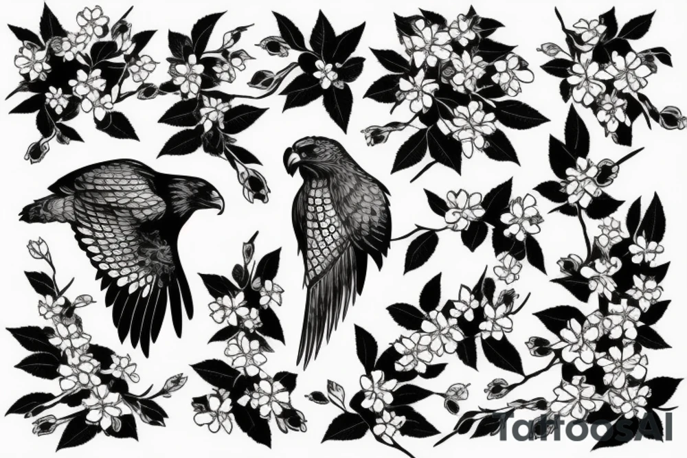 A hawk surrounded by cherry blossoms tattoo idea