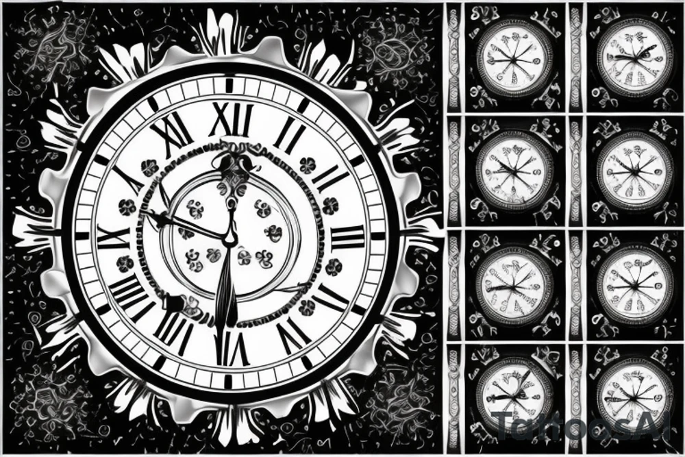 Ornate clock
A start at the 12 position
A diamond at the 10 and 2 position
A sun at the 6 position tattoo idea
