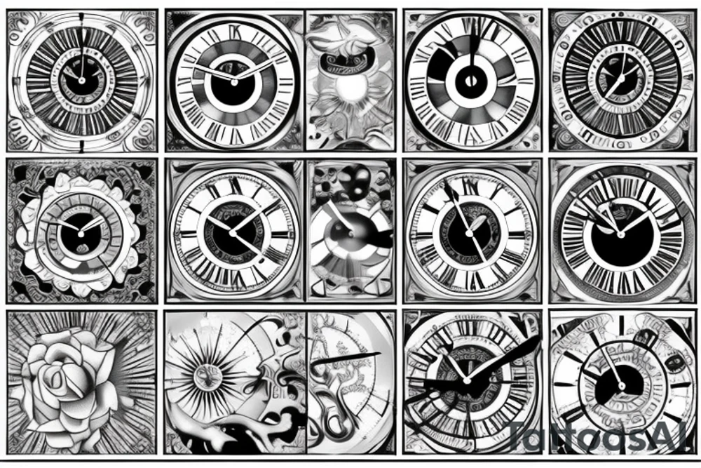 Ornate clock
A start at the 12 position
A diamond at the 10 and 2 position
A sun at the 6 position tattoo idea
