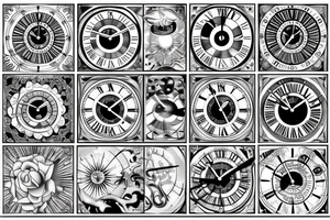 Ornate clock
A start at the 12 position 
A diamond at the 10 and 2 position 
A sun at the 6 position tattoo idea