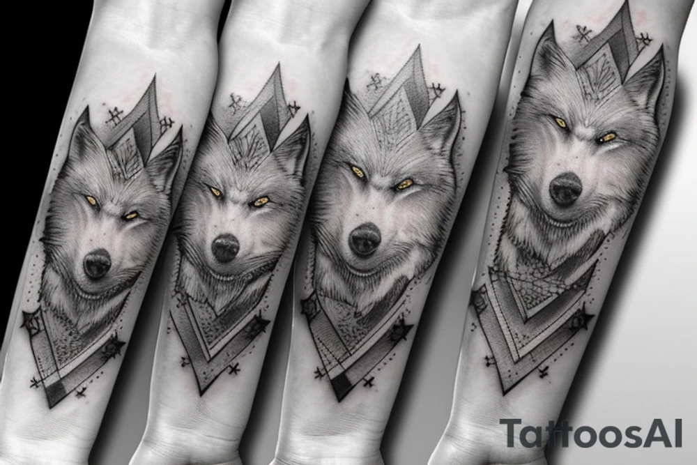 forearm, realistic white wolf, wind rose, drums, music tattoo idea