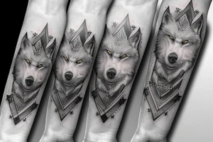 forearm, realistic white wolf, wind rose, drums, music tattoo idea