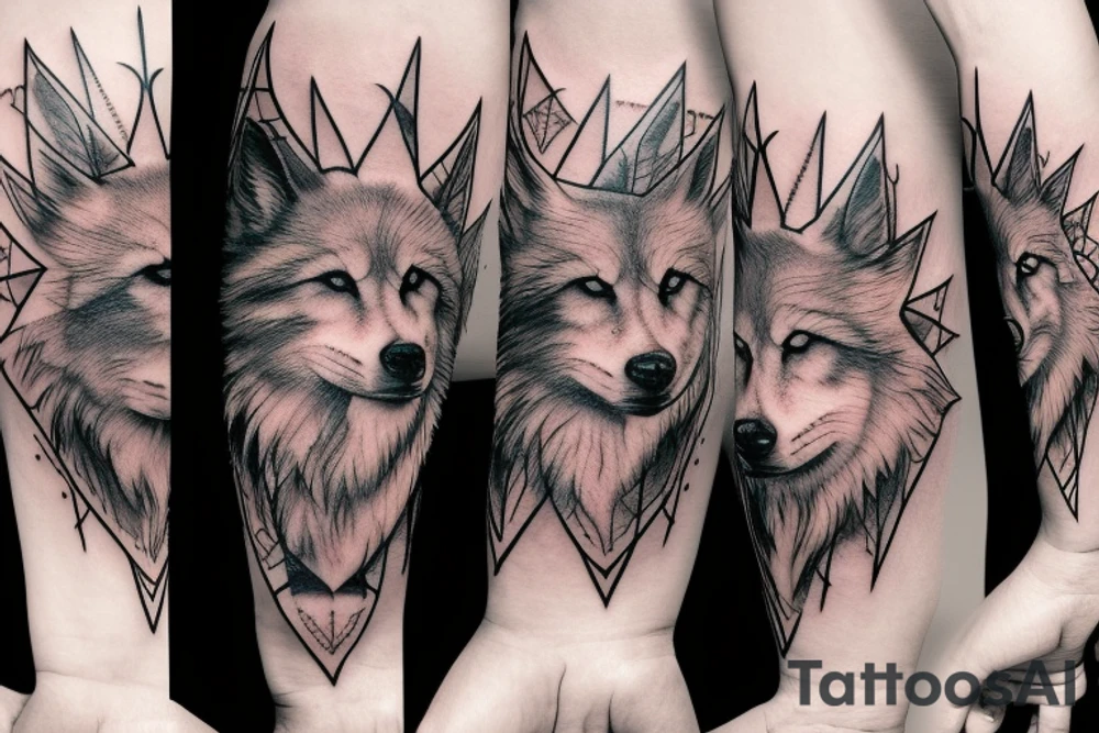 forearm, realistic white wolf, wind rose, drums, music tattoo idea