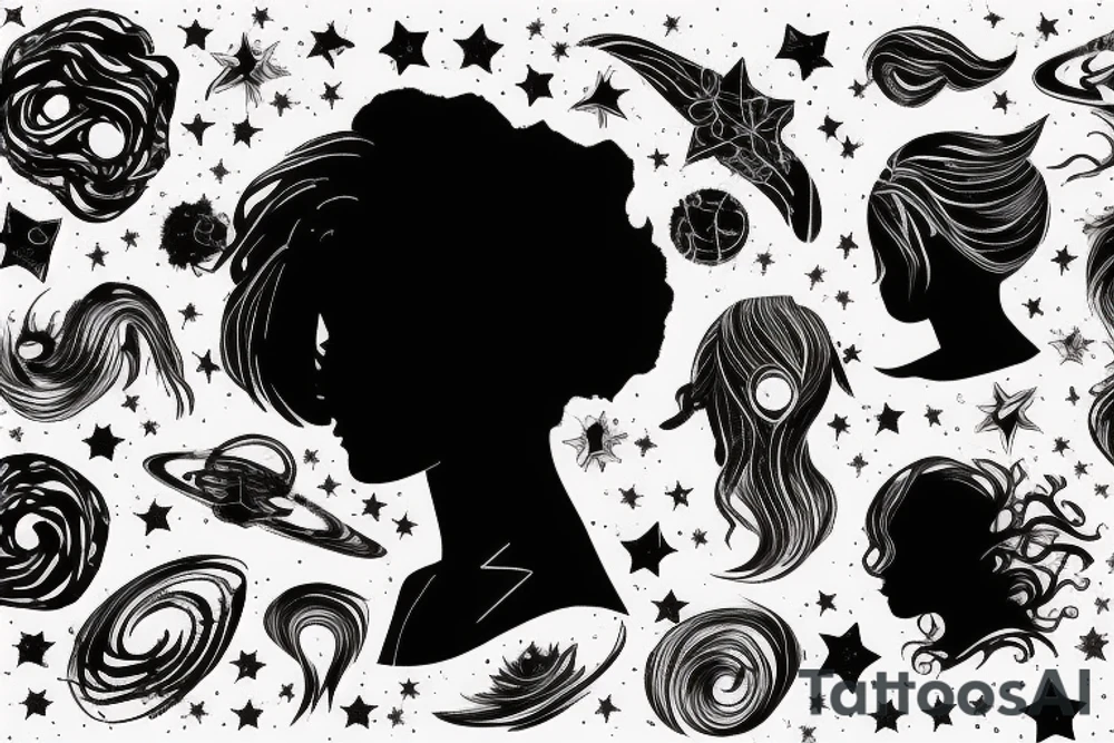 Silhouette of woman’s face with crazy hair and inside silhouette is the galaxy with stars tattoo idea