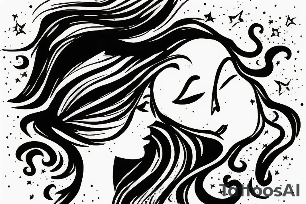 Silhouette of woman’s face with crazy hair and inside silhouette is the galaxy with stars tattoo idea