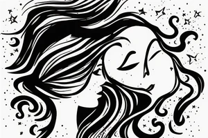 Silhouette of woman’s face with crazy hair and inside silhouette is the galaxy with stars tattoo idea