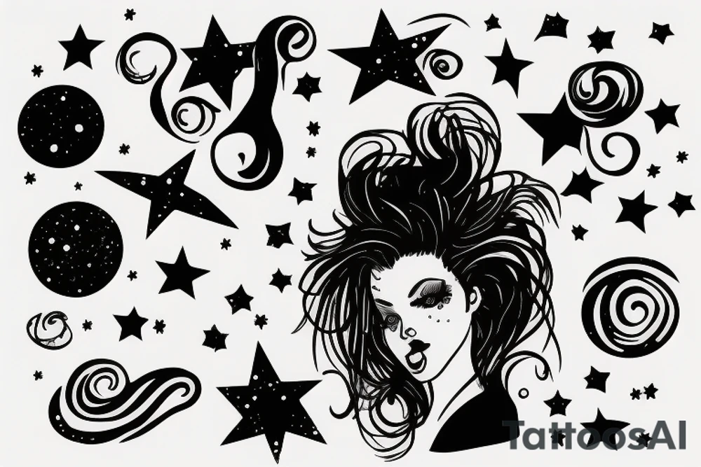 Silhouette of woman’s face with crazy hair and in the silhouette is the galaxy with stars tattoo idea
