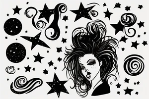 Silhouette of woman’s face with crazy hair and in the silhouette is the galaxy with stars tattoo idea