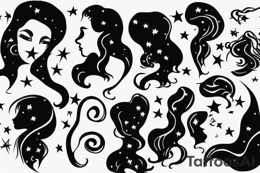 Silhouette of woman’s face with crazy hair and in the silhouette is the galaxy with stars tattoo idea