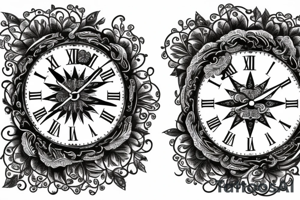 Filigree with clock, money rose, and compass tattoo idea