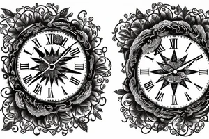 Filigree with clock, money rose, and compass tattoo idea