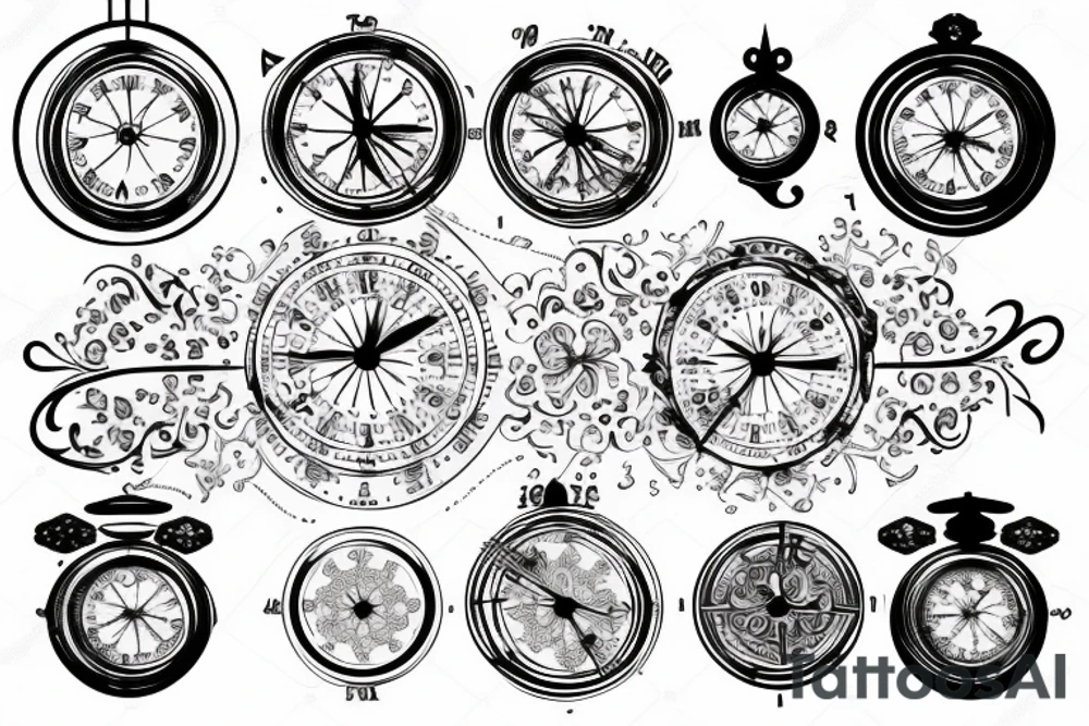 Filigree with clock, money rose, and compass tattoo idea