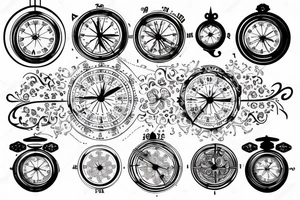 Filigree with clock, money rose, and compass tattoo idea