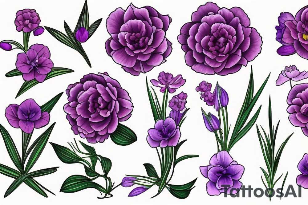 African violet, single peony, freesias tattoo idea