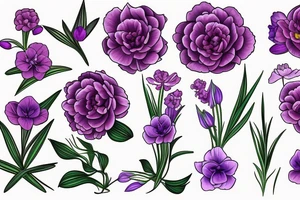 African violet, single peony, freesias tattoo idea