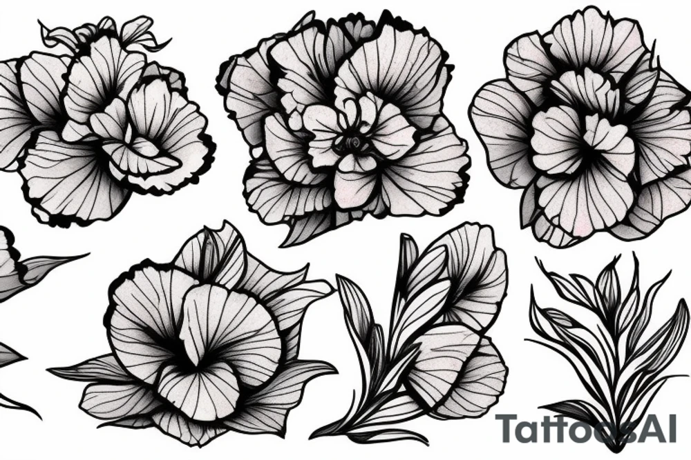 African violet, single peony, freesias tattoo idea