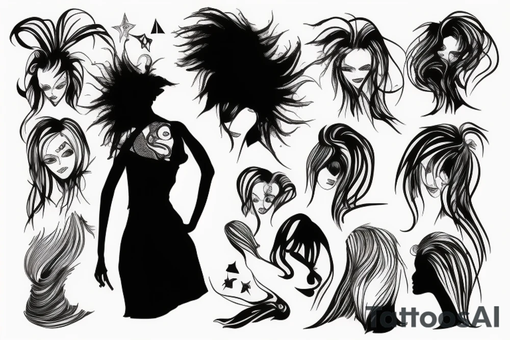 Silhouette of woman with crazy hair tattoo idea