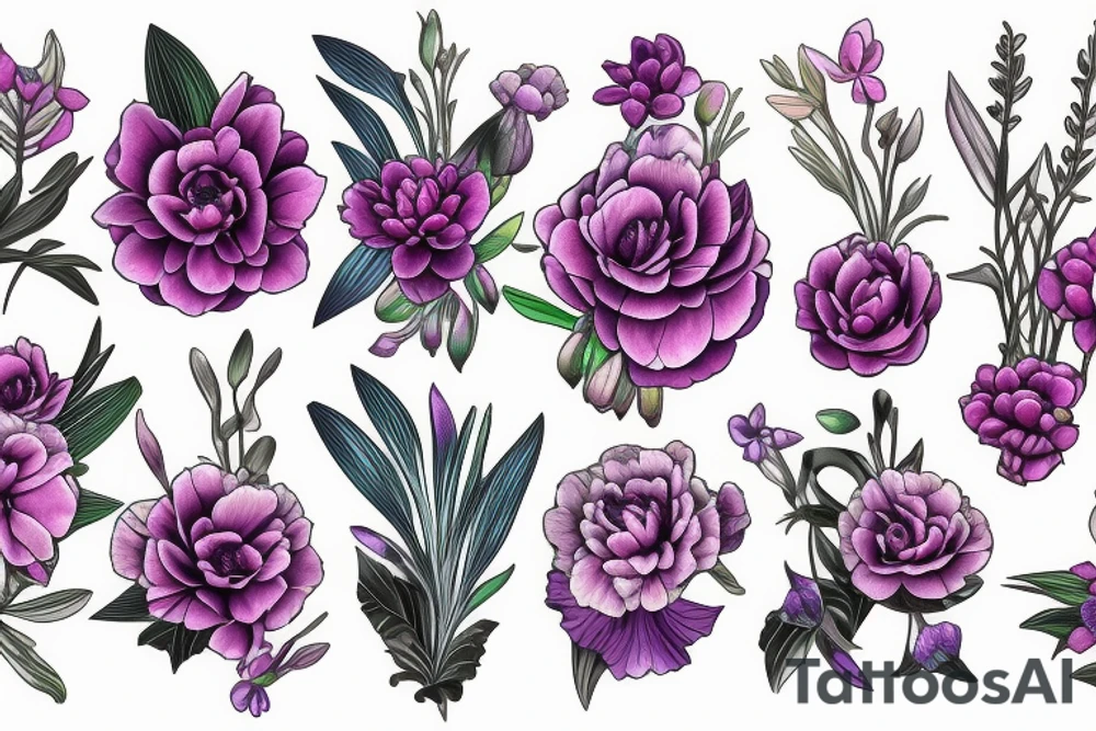 Bunch of flowers with African violet, single peony, freesias flowers tattoo idea