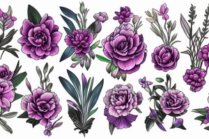 Bunch of flowers with African violet, single peony, freesias flowers tattoo idea