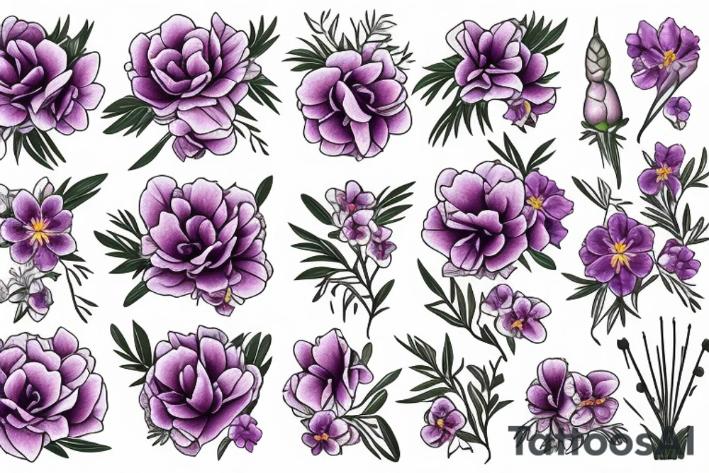 Bunch of flowers with African violet, single peony, freesias flowers tattoo idea