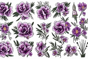 Bunch of flowers with African violet, single peony, freesias flowers tattoo idea