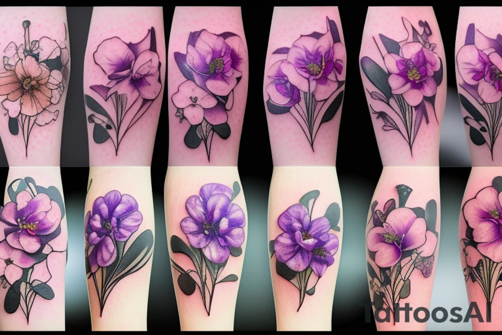 Bunch of flowers with African violet, single peony, freesias flowers tattoo idea