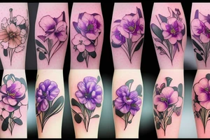 Bunch of flowers with African violet, single peony, freesias flowers tattoo idea