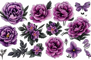 Bunch of flowers with African violet, single peony, freesias flowers tattoo idea