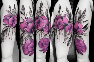 Bunch of flowers with violets, single peony, freesias flowers tattoo idea