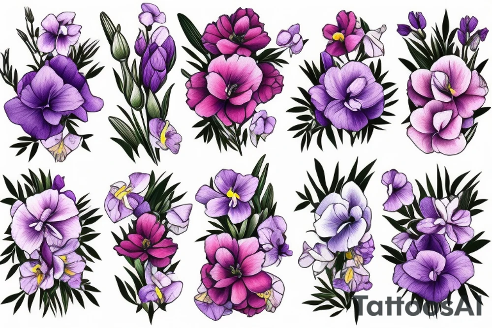 Bunch of flowers with violets, single peony, freesias flowers tattoo idea